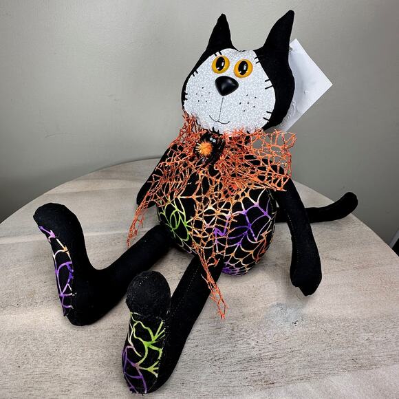 Halloween Black Cat Plush Decor Spider Web Scarf BG Creations Handmade NEW - Picture 2 of 9